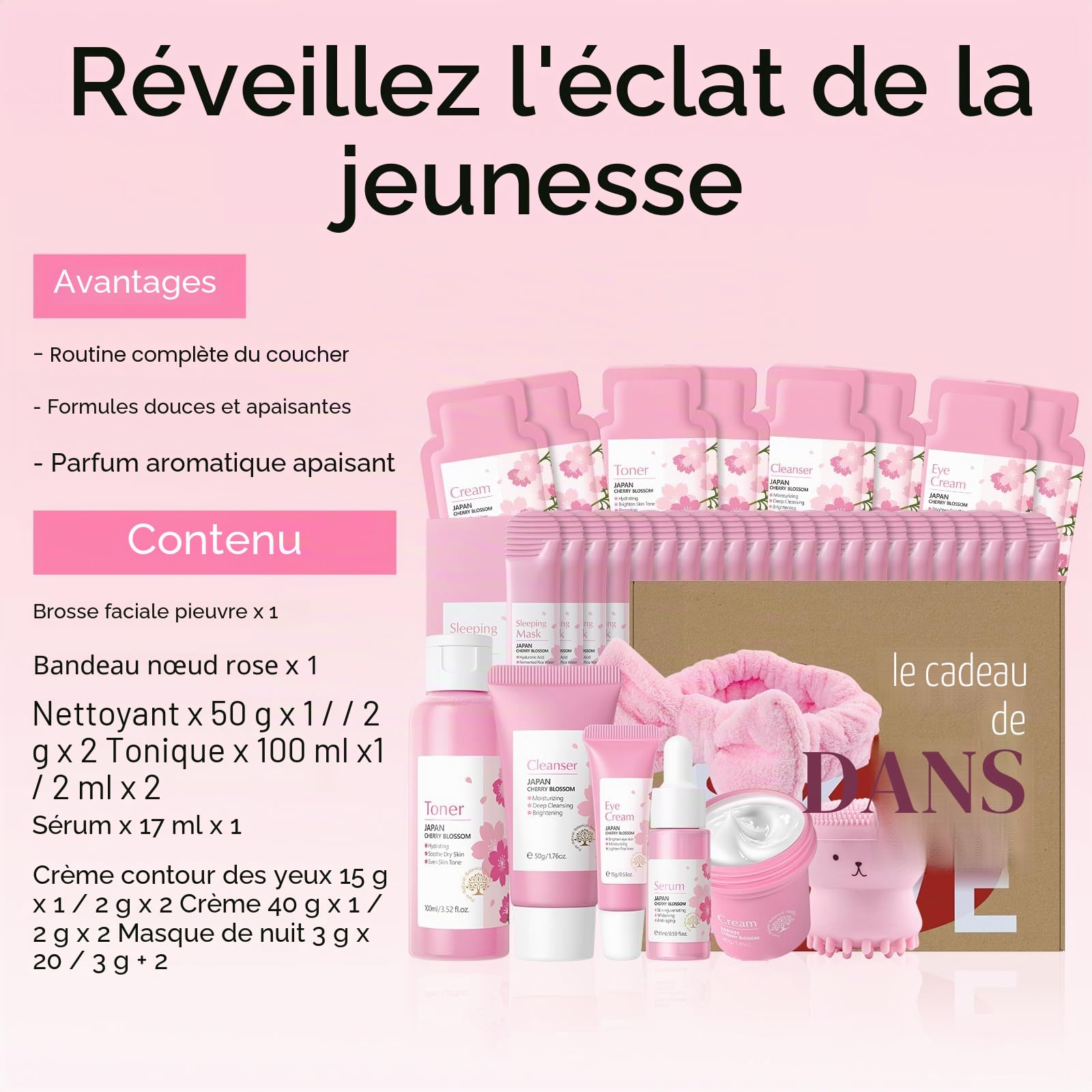 Sakura Kit de Soin du Visage Hydratant 13 pièces avec Nettoyage du Visage, Crème pour les Yeux, Sérum, Crème, Baume à Lèvres, Masque, pour les Soins de Jour et de Nuit