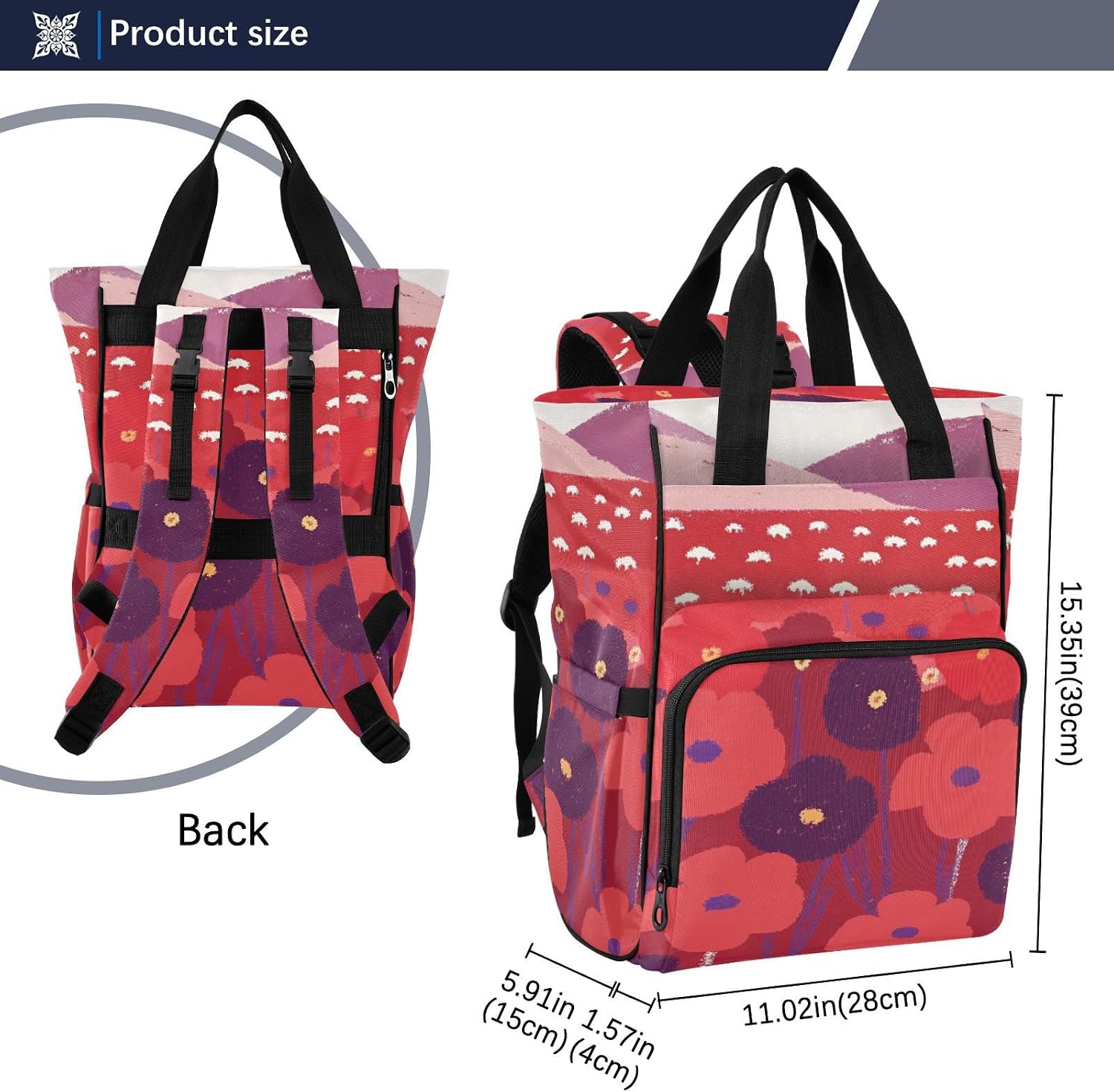 Diaper Bag Backpack, Multifunction Travel Bag for Moms Dads, Baby Changing Bag with Insulted Pockets, Stroller Straps and Side Bottle Pockets Crayon Flower Patterns