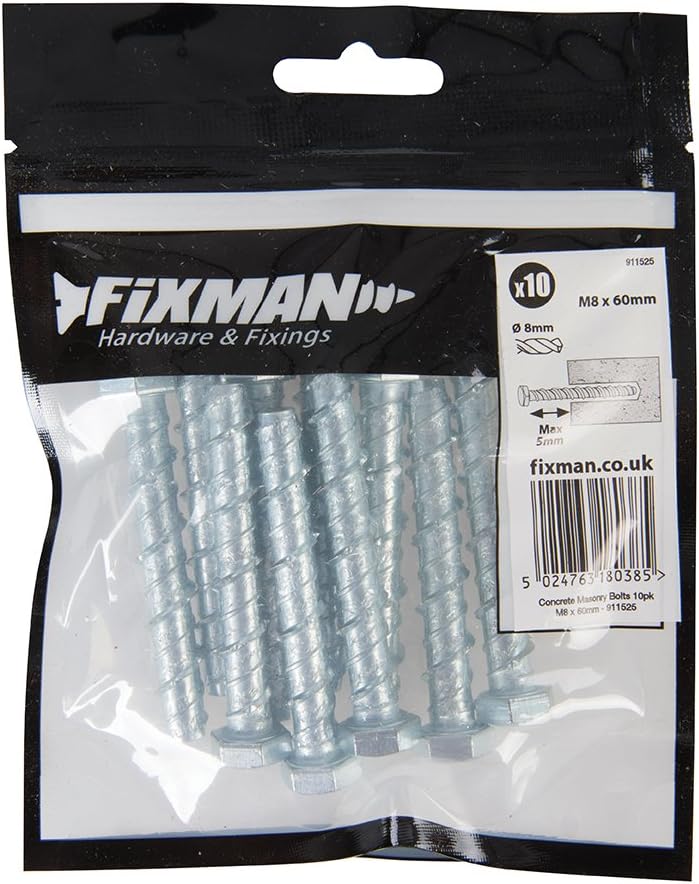 Fixman 911525 Concrete Masonry Bolts 10pk M8 x 60 mm