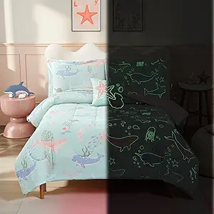 Glow in The Dark Kids Comforter Set Full Size for Girls, Ocean Animals Bedding Set 1 Comforter, 1 Decor Pillow, 2 Pillow Shams