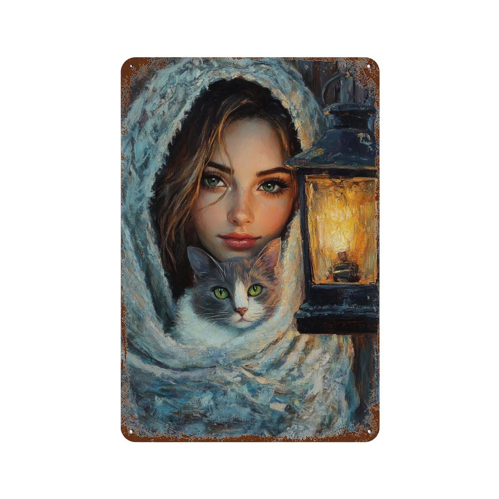 Winter Portrait with Cat 11.8"x7.9" Rust Effect Tin Sign, Industrial Home Decor for Living Room, Hallway And Home Decor
