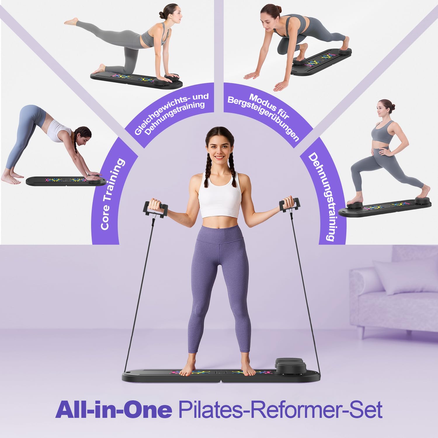 Pilates Board für Zuhause, 8-in-1 Pilates Reformer mit 5 Widerstandsbänder, Faltbarer Pilates Brett mit Automatischer Rückprall, Bauchtrainer & Pilates Bar, Pilates Set für Ganzkörpertraining