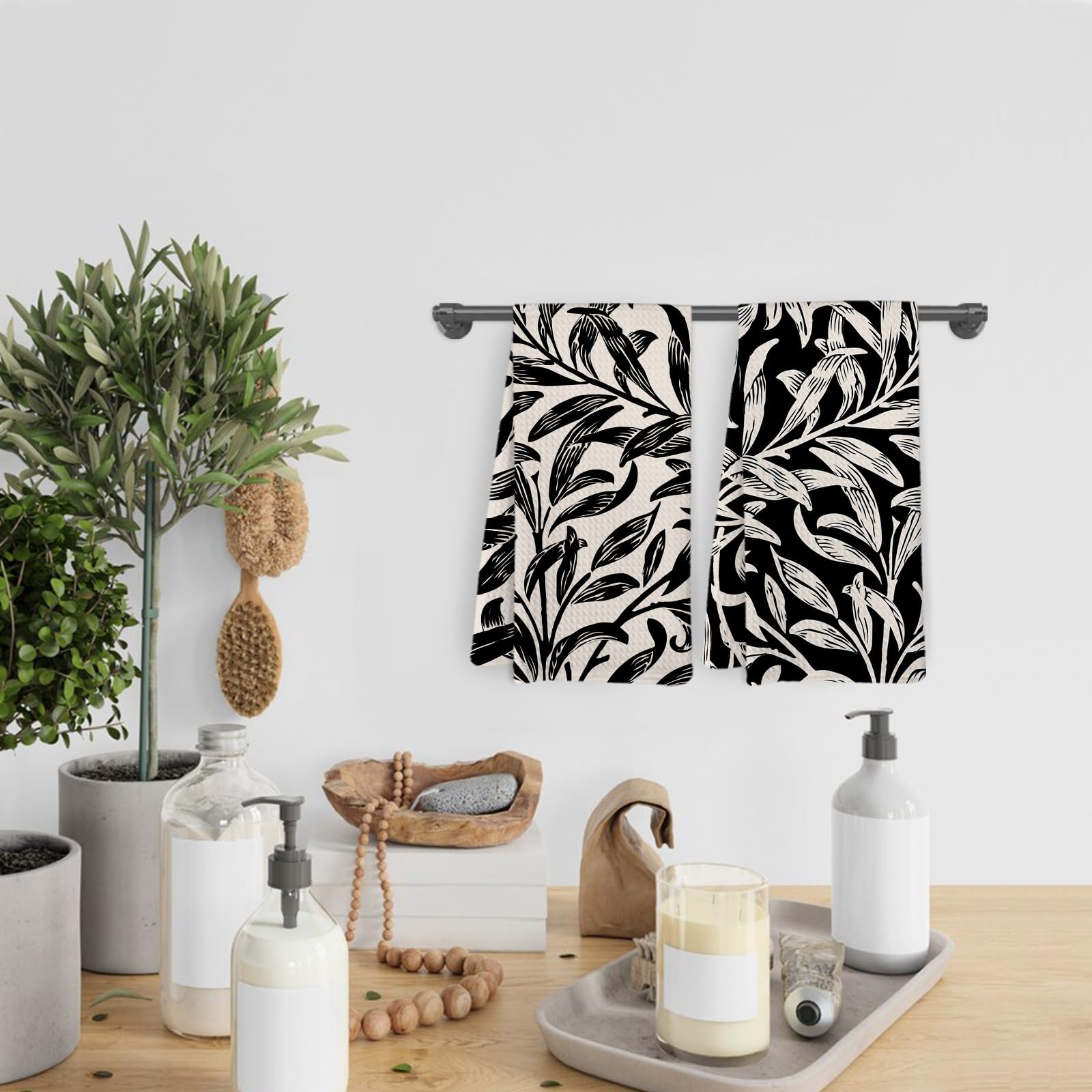 Juego de 2 paños de cocina y paños de cocina con hojas negras y beige, modernos, botánicos negros, hojas de mediados de siglo, paños de cocina decorativos para baño, cocina, 16 x 24 pulgadas