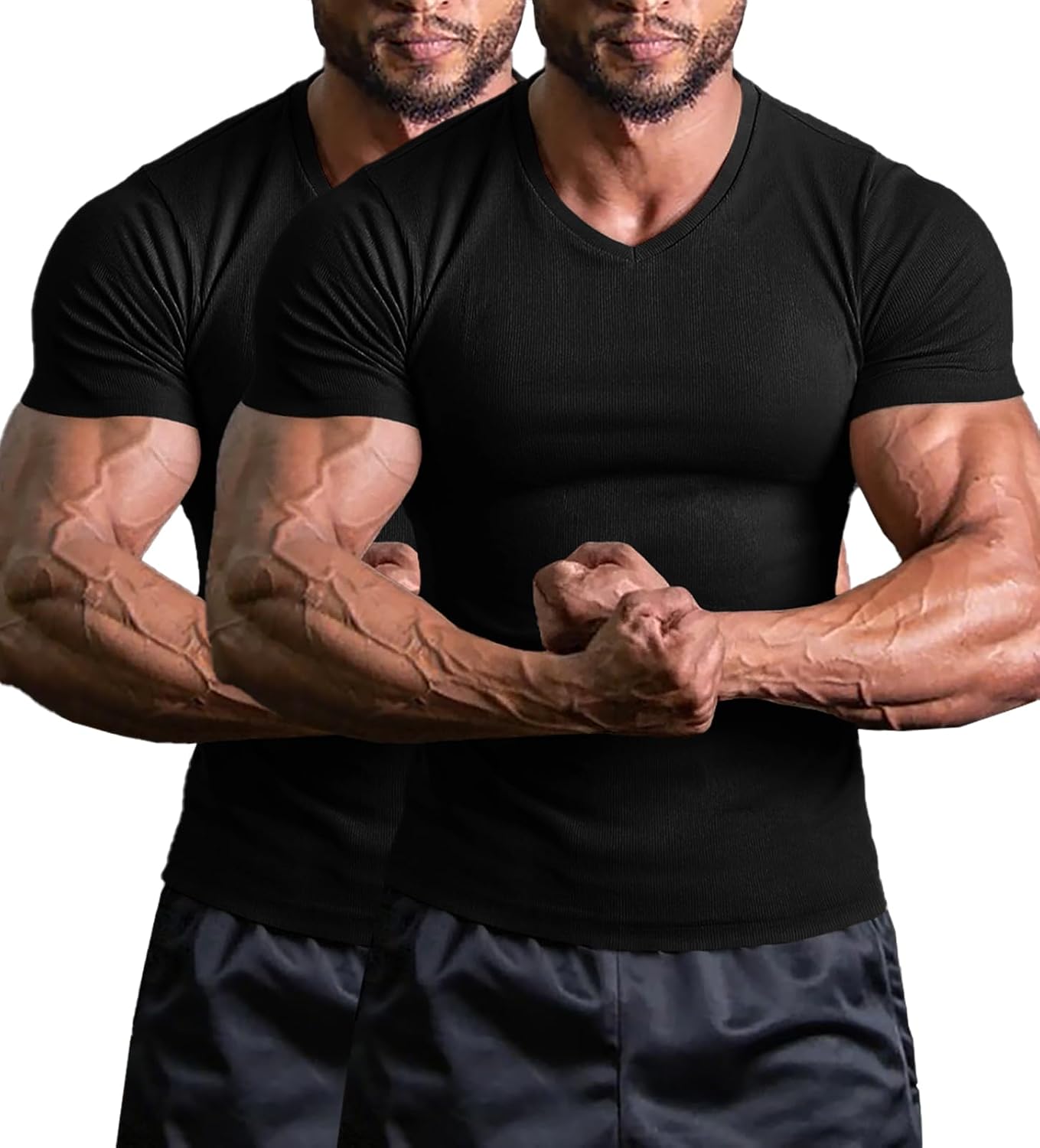 Muscle Cmdr Men's Slim Fit V Neck Short Sleeve Muscle Shirts Workout Athletic Gym Bodyduilding Undershirts Casual Ribbed Top