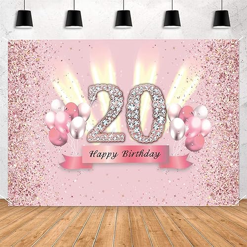 Miniatura 1 de Decoraciones de 20 cumpleaños para mujeres, póster de tela para fiesta de aniversario de 20 años, fondo de foto rosa, suministros de fiesta de