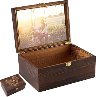 Larger Wooden Memory Keepsake Boxes With Hinged Lids and a photo frame inside the lid - Decorative Storage Box With a Hinge Lids For Picture Letter Time Capsule - 5.3“*8.6”*11.7“ carbonized