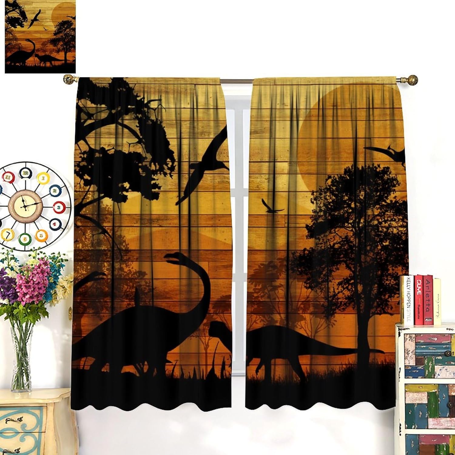 Brebasf Rustic Dinosaur Silhouette Blackout Curtains Abstract Old Wooden Board Jungle Animals Dino Prints Window&Drapes Thermal Insulated Darkening Rod Pocket Curtains 2 Panels 54" L x 21" W