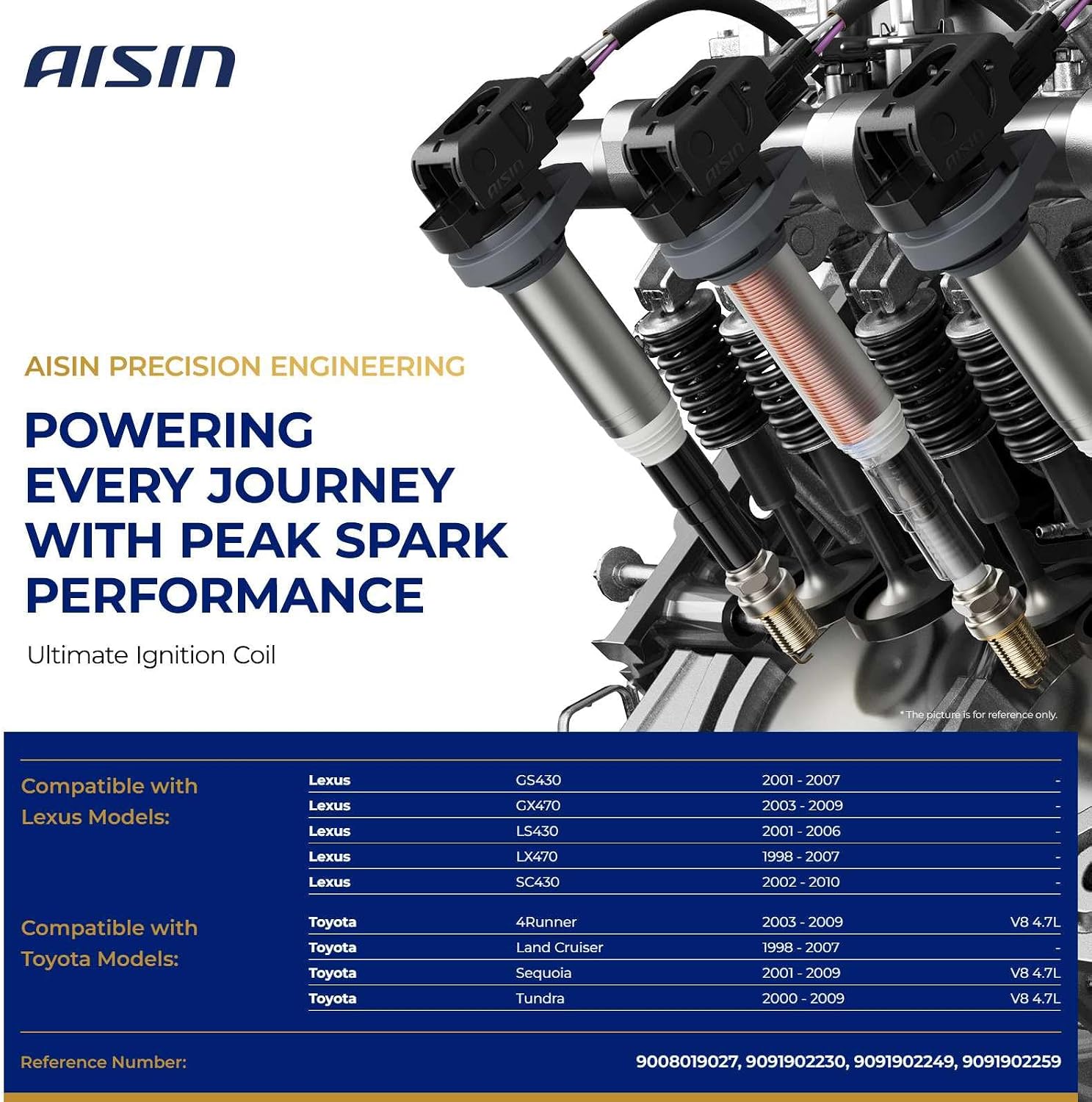 AISIN AFTERMARKET ESCT-00495 Ignition Coil - Compatible with Toyota Tundra 00-09, 4Runner 03-09, Land Cruiser 98-07, Sequoia 01-09, Lexus LX470 98-07, GX470 03-09, LS430 01-06, SC430 02-10 - 4.3L 4.7L