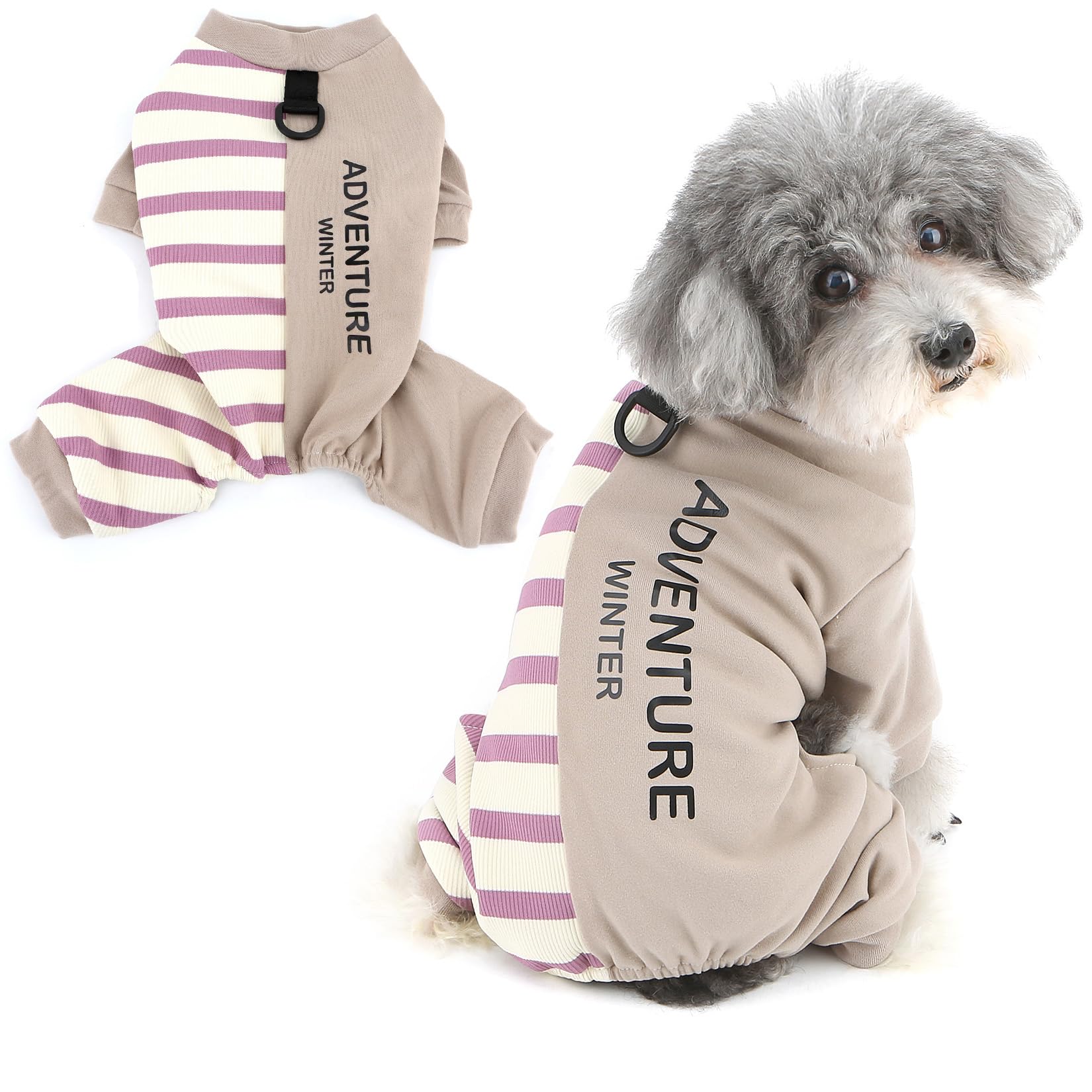 Ranphy Fleece Lined Striped Knit Dog Pyjamas for Small Dogs Patchwork Puppy Jumpsuit with D-Ring Four-Leg Pullover Pjs Warm Winter Autumn Stretchable Pet Sleepwear Chihuahua Yorkie Clothes Gray XXL