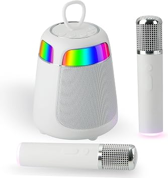 Mini Karaoke Machine with 2 Wireless Microphones, Portable Karaoke Machine for Kids & Adults, 10W Bluetooth Speaker with Voice Changer, Lights, Supports USB/TF/AUX