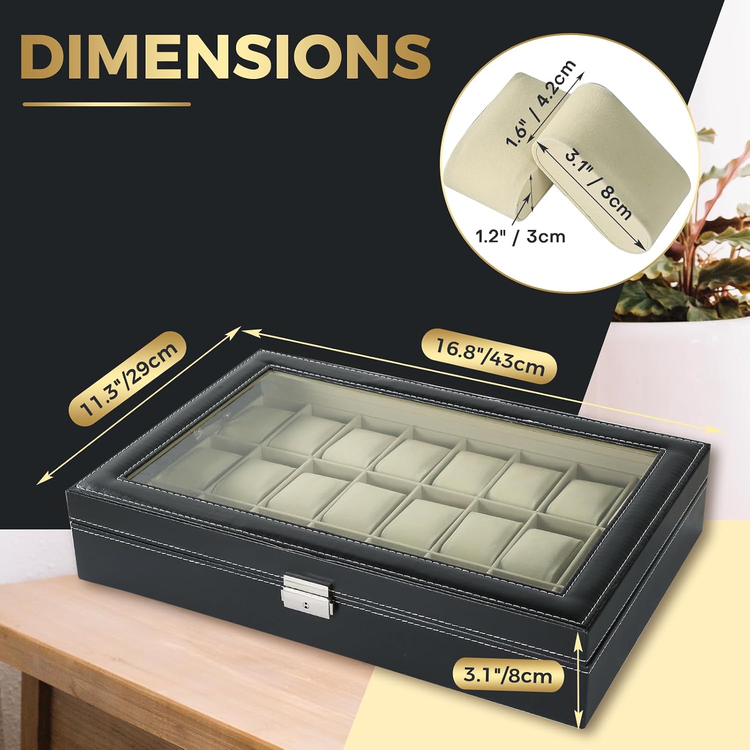 NATGAI Watch Box 24 Slots, Elegant Watch Display Case Glass Top (Beige) | PU Leather Watch Storage Box with Removable Cushion, Lockable Watch Holder Organizer for Men & Women