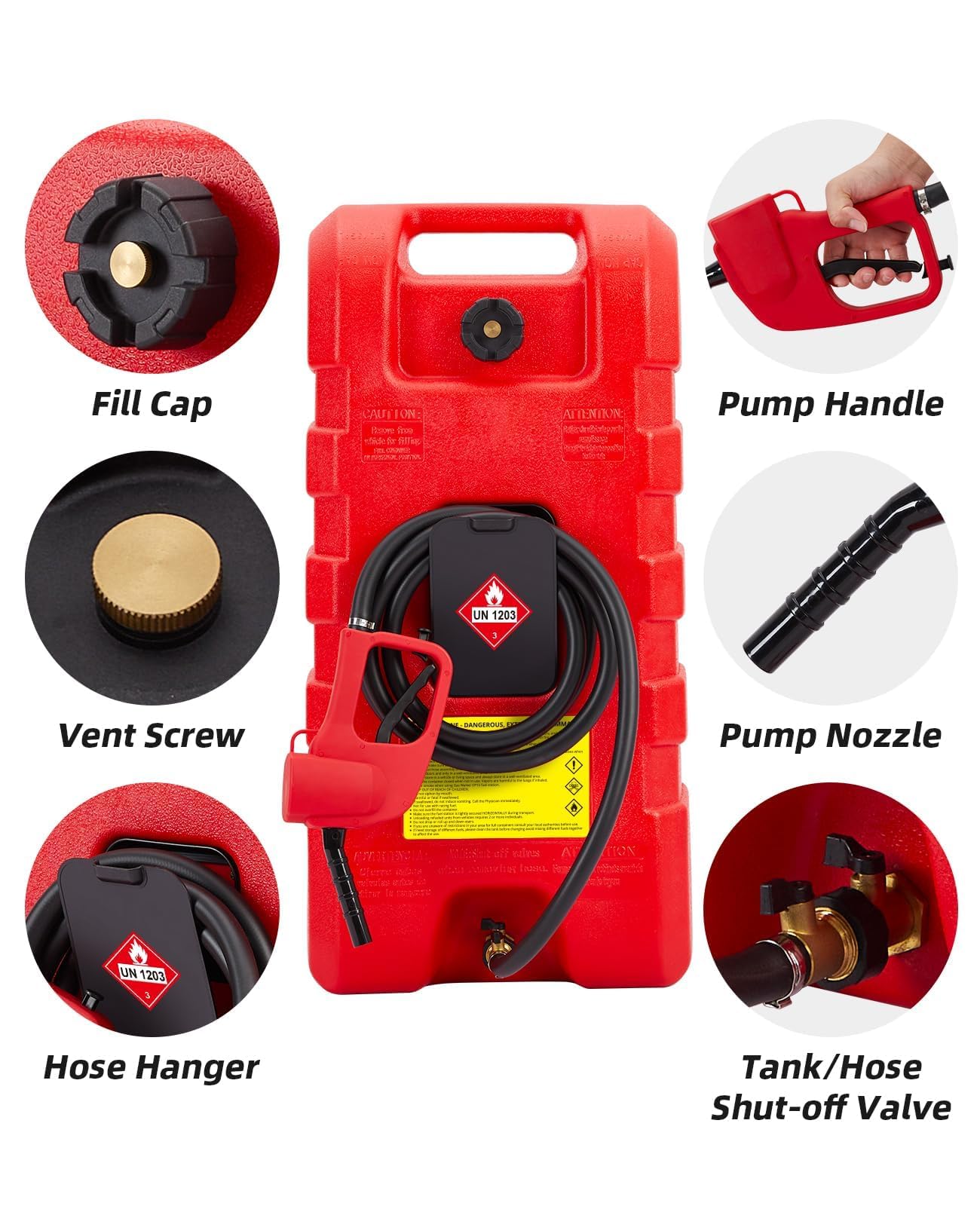 Chariot à carburant 15 gal (57 L) sur roues – Pompe manuelle de transfert, tuyau 3 m (10 ft), réservoir étanche essence/carburant pour auto/bateau/tondeuse/ATV – Rouille