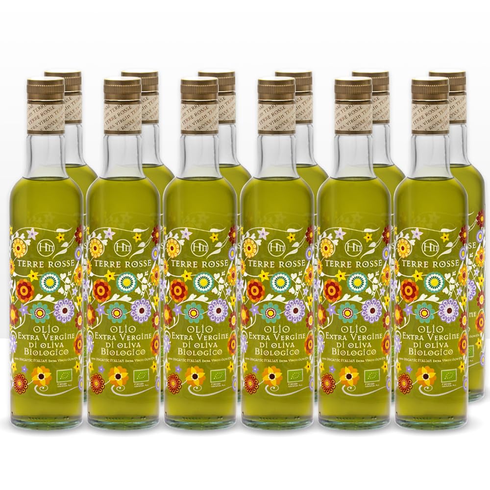 Terre Rosse - Włoska Organiczna Oliwa z Oliwek Extra Virgin Tłoczona na Zimno - Monokulturowa Moraiolo - Certyfikaty Kosher/P - Limitowana edycja Olive Harvest 2025 - Opakowanie 12 Butelki 500 ml