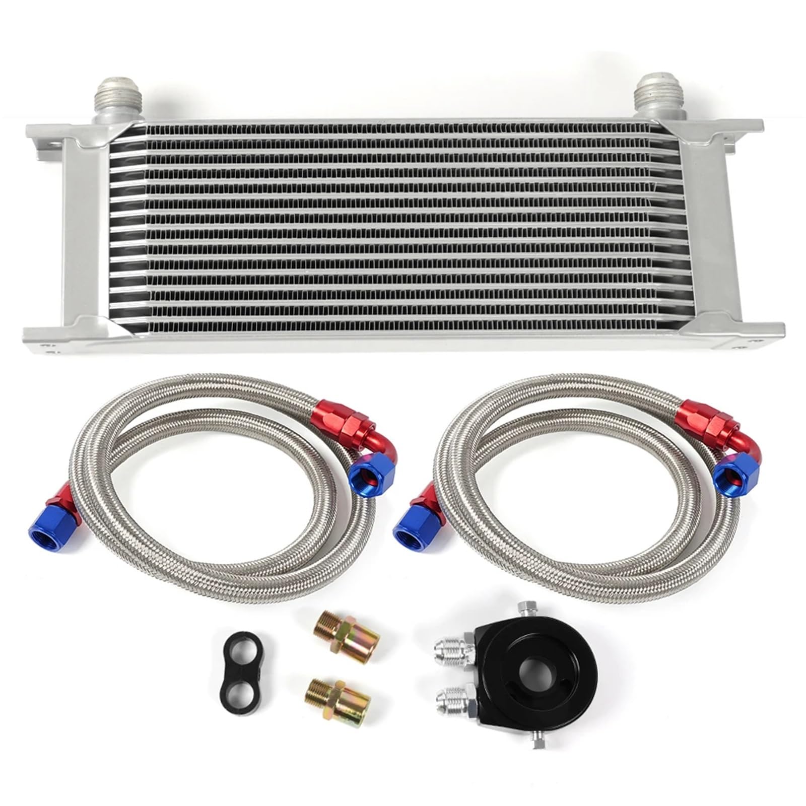 Kit Universal de Enfriador de Aceite de Motor de 10/15 Filas con Adaptador de Filtro de Aceite AN10 y Manguera Trenzada de Acero Inoxidable.