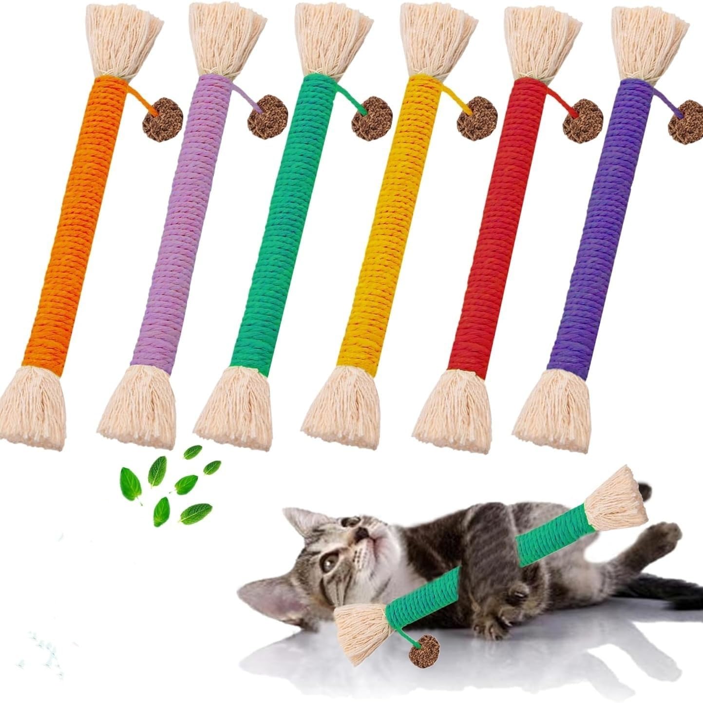 Catnip & Silvervine Cat Toys 3-Pack - Cotton Braided Rope Chew Toys For Kittens | Teething & Kicking Toy