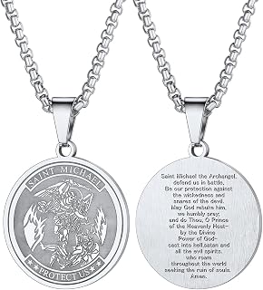 Saint Benedict/Michael Medal Necklace, 316L Stainless Steel Virgin Mary Necklace for Men Women, Bible Verse Protection Necklace Catholic Jewelry,22"-24" Adjustable