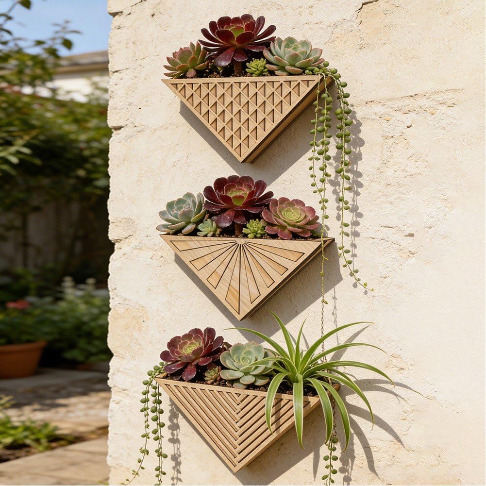 Lot De 3 Jardinières Triangulaires Murales en Bois – Pots De Fleurs Suspendus pour Jardin Vertical avec 3 Motifs Sculptés Uniques pour Intérieur Extérieur