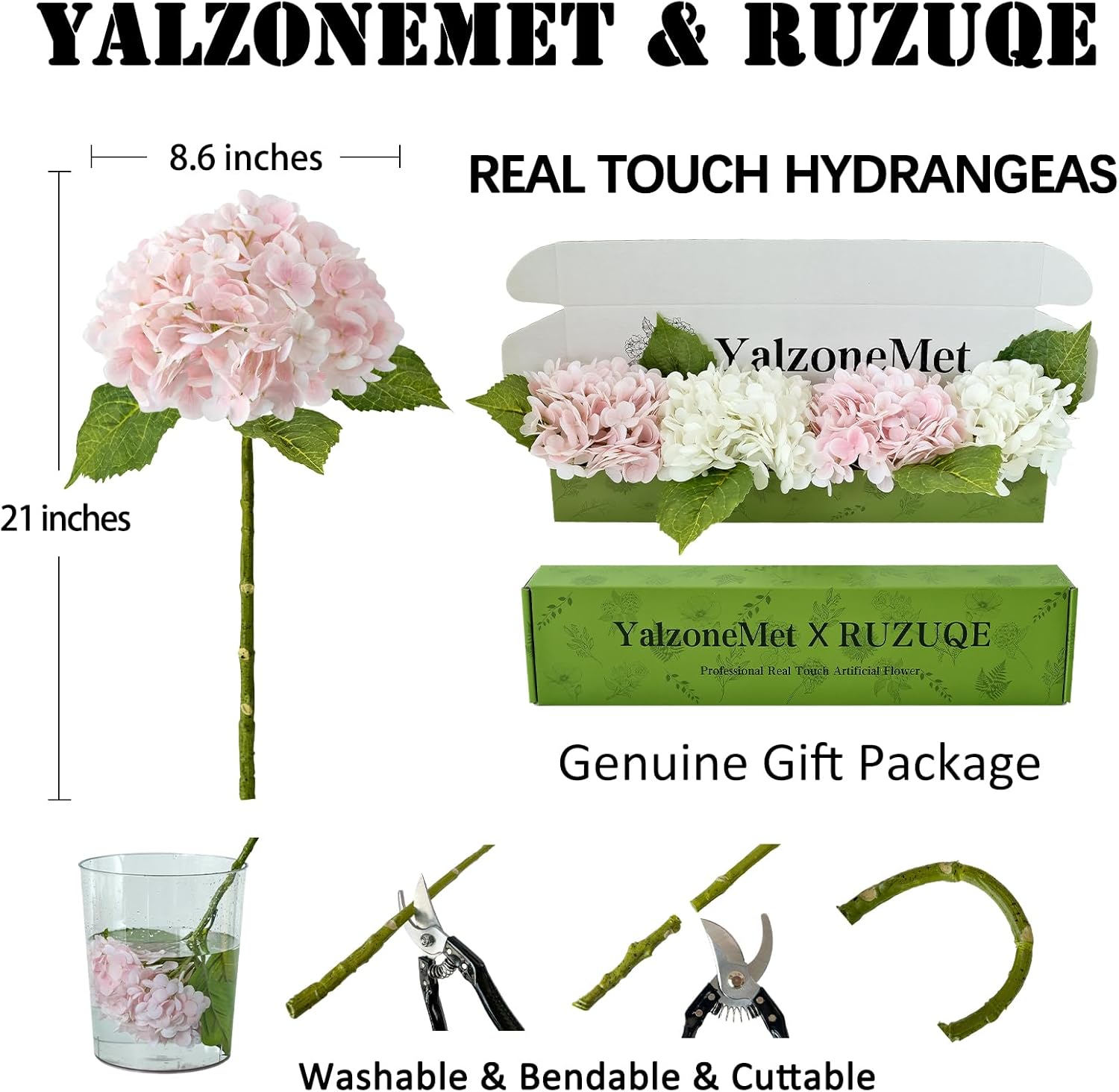 RUZUQE 4 Pcs Hydrangea Artificial Flower 2 White + 2 Pink 21'' Long Stem Lifelike Real Touch YalzoneMet Hydrangea Latex for Home Kitchen Decoration Bridal Bouquet Wedding Outdoor Decor