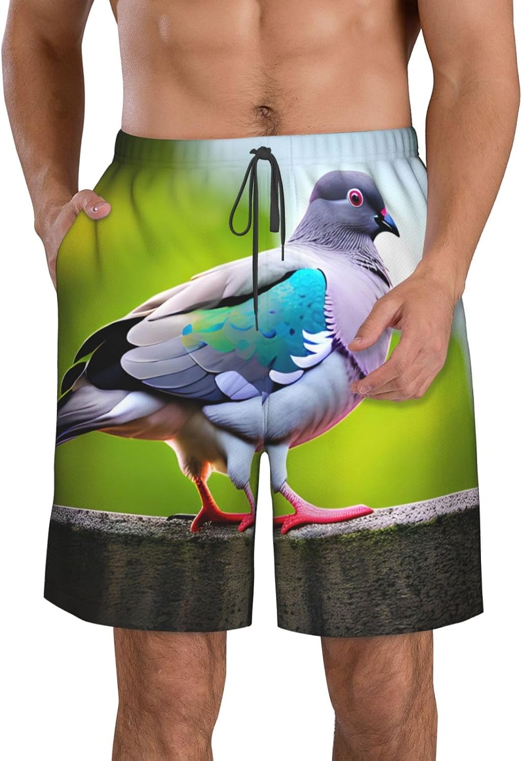 Cartoon Pigeon 3 Print Men's Quick-Drying Shorts Casual Beach Pants Stretch Waist Shorts and Pockets
