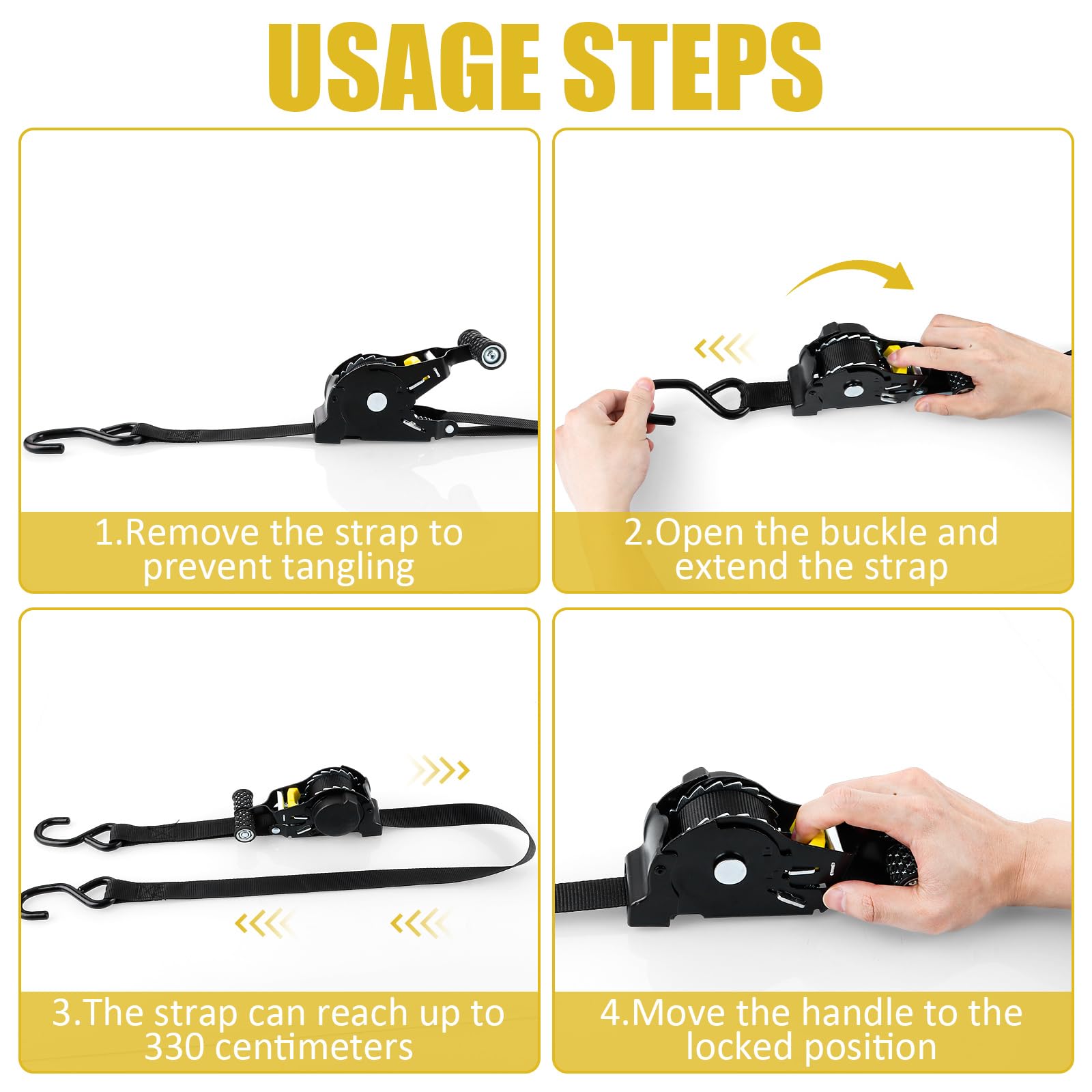 2 cinghie di serraggio automatiche, 2,5 cm x 3,3 m, cinghie di tensione automatiche, 680 kg, resistenza alla rottura, cinghie a cricchetto con maniglie ergonomiche per rimorchi, moto, kayak