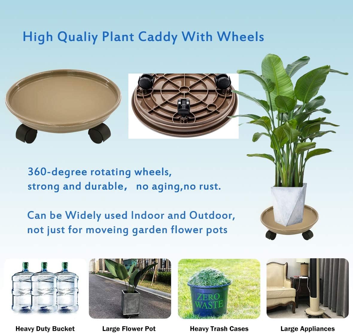 14" Plant Caddy, 2-Pack Round Plant Stand with Wheels, Minimalist Beige Corrosion Resistant Indoor/Outdoor Plant Tray Trolley