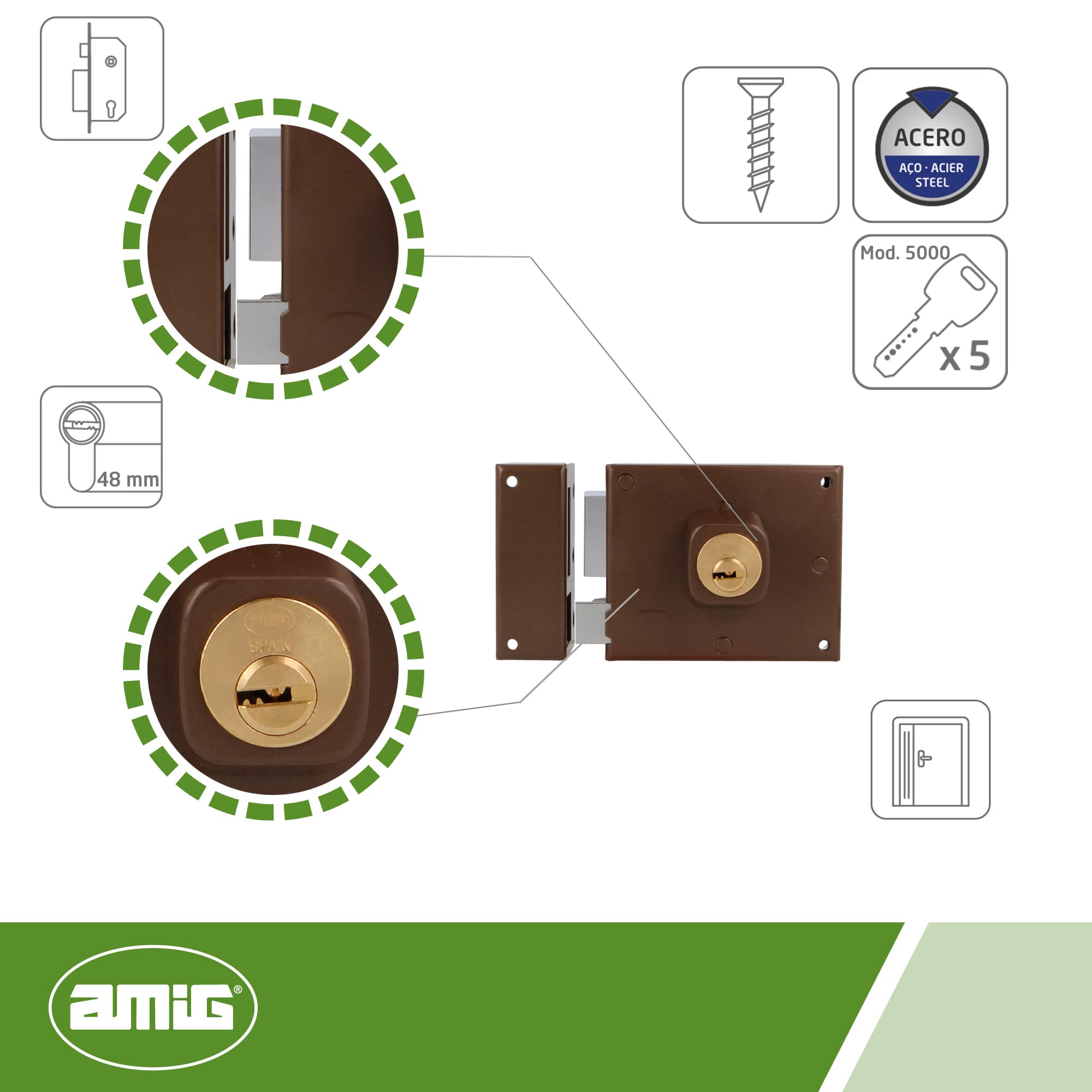 Amig - Serratura Sovrapposizione Sinistra Mod. 72 - Con leva, linguetta e maniglia - Sicurezza migliorata con cilindro rotondo, per porte in legno, marrone, 100 x 85 mm