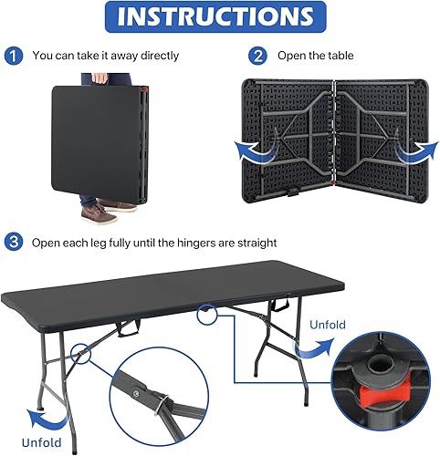 Miniatura 7 de HKLGorg Mesa plegable de 6 pies, mesa plegable de alta resistencia, mesa de trabajo para interiores y exteriores, mesa plegable de plástico, mesa de