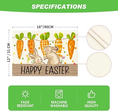 Miniatura 6 de Artoid Mode Juego de 4 manteles individuales con diseño de zanahoria y conejo, feliz Pascua, 12 x 18 pulgadas, flores de temporada, para decoración