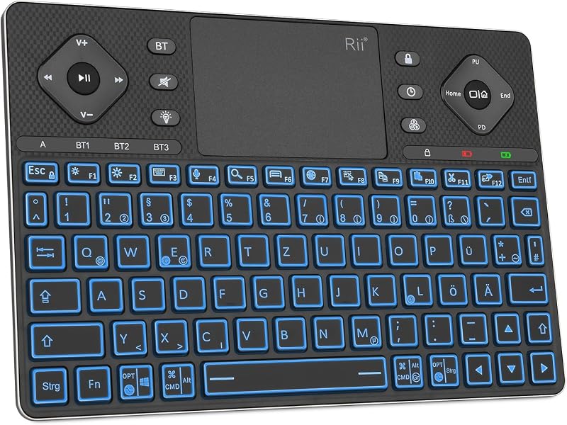 Rii Bluetooth billentyűzet touchpaddal, 12 színű háttérvilágítás, multimédia gombok Smart TV tablet laptop PC-hez fekete