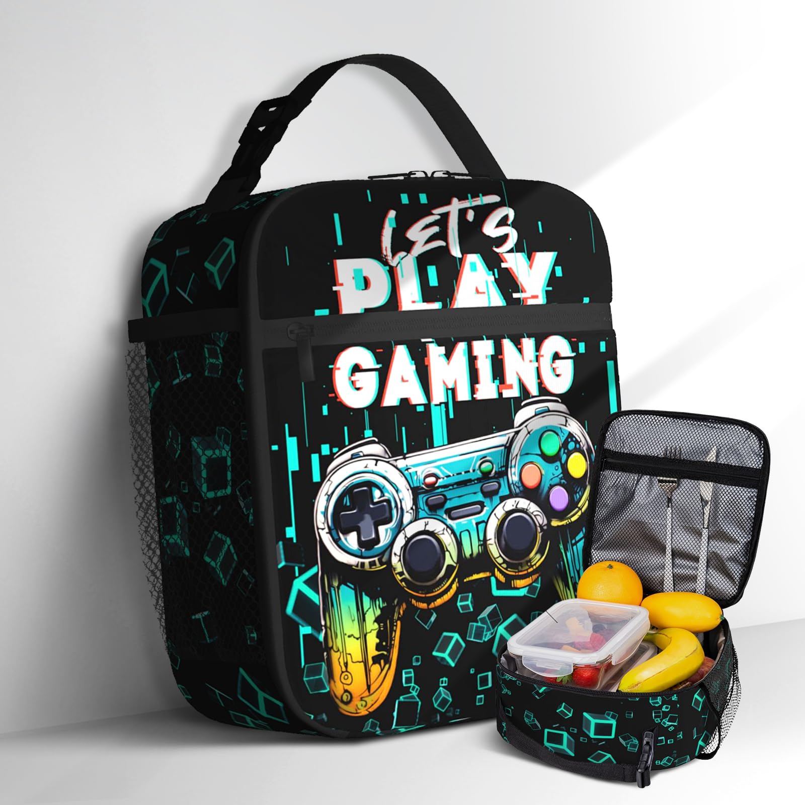 Video Game Lunch Bag for Boys Girls Kids Teenage Colorful Green Gamepad Boys Lunch Box Reusable Insulated Games