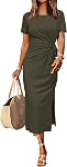 Newshows Womens 2026 Casual Short/Long Sleeve Crewneck T Shirt Maxi Dress Tie Waist Slit Long Dresses
