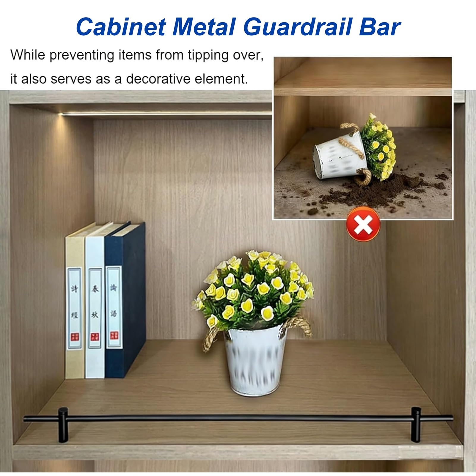 Regalschutzleiste, 2er-Pack, 68,5 cm lange, silberfarbene Metall-Regalschutzleisten, anpassbare Länge, Kippsicherung für Holz-/Galerieregale, dekorative Schranksicherung, ideal für die Aufbe