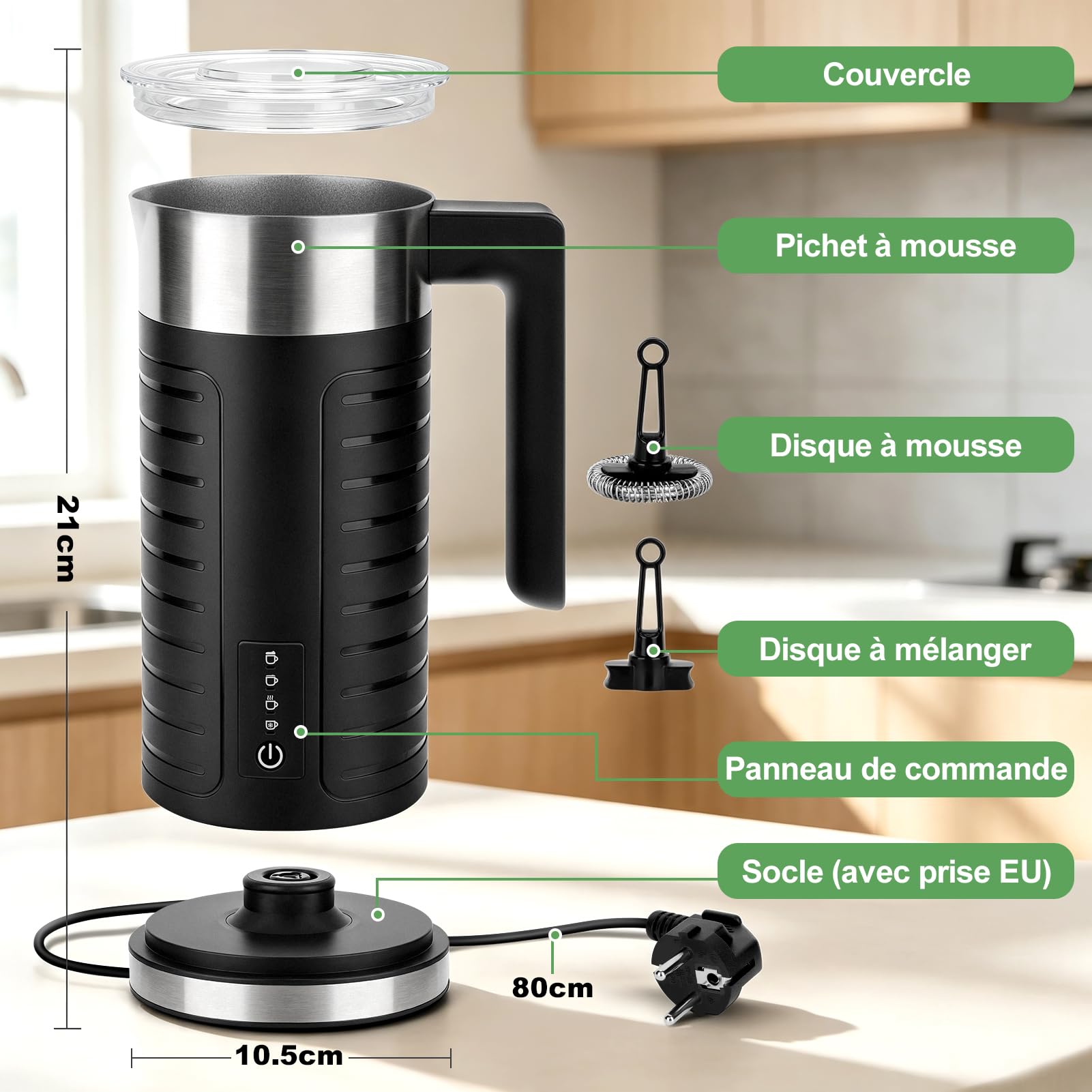 Mousseur à lait électrique 4-en-1, Lave-vaisselle, silencieux <50dB