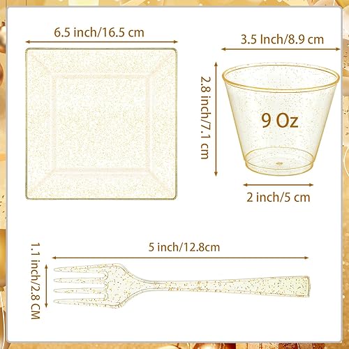 Miniatura 2 de Mifoci Juego de vajilla desechable de plástico de 300 piezas para fiestas, 100 platos de plástico con purpurina de 6.5 pulgadas con 100 tenedores de