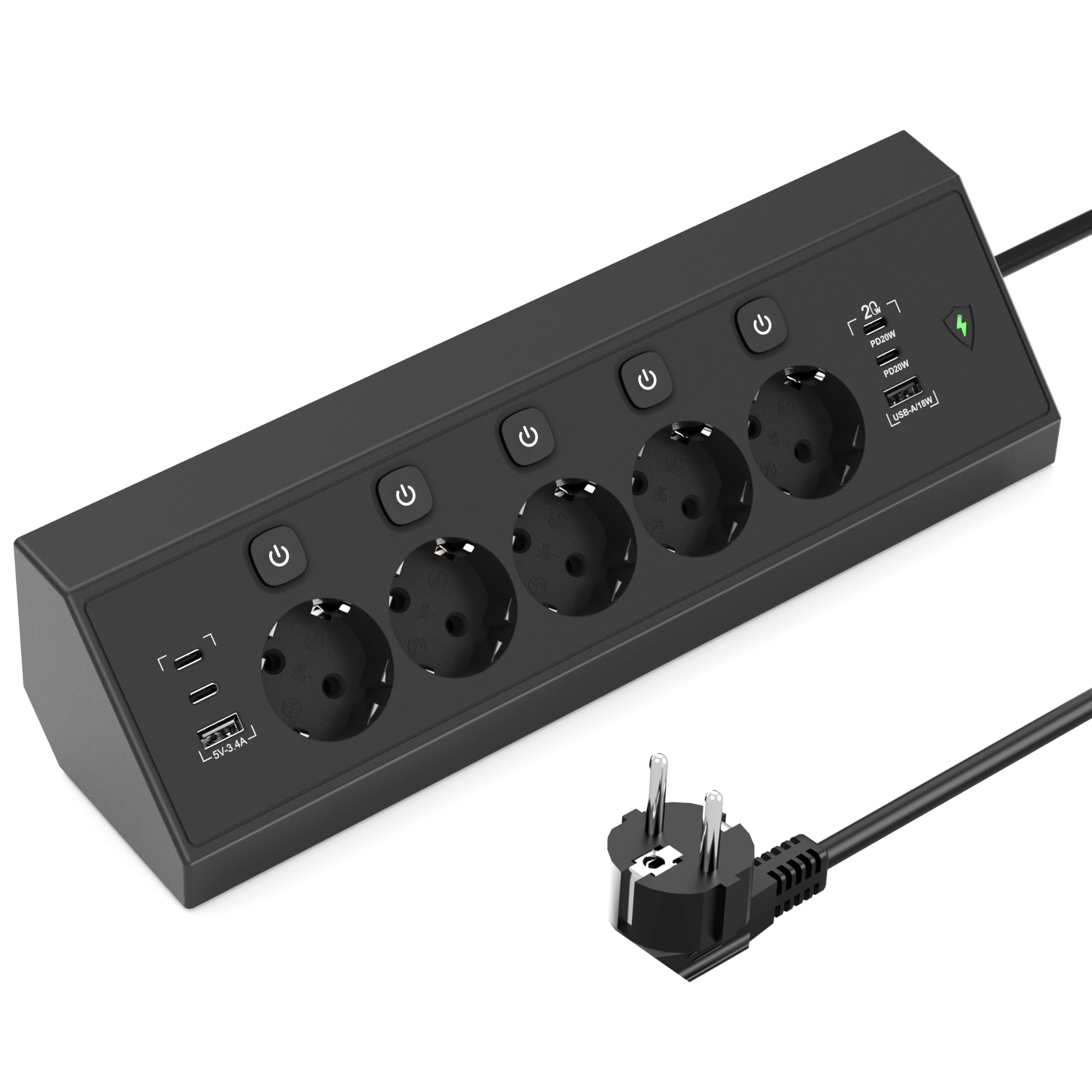 Presa angolare a 5 prese con 2 USB e 4 tipo C, PD 20 W, ciabatta angolare da scrivania, commutabile singolarmente, presa multipla con protezione da sovratensione, per cucina, ufficio, montaggio a