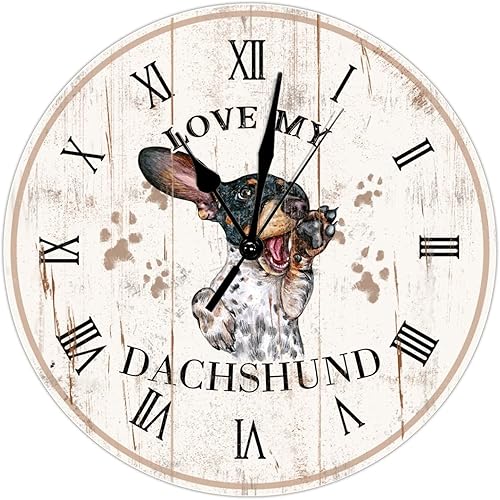Love My Dachshund - Reloj de pared de madera de granja de 12 pulgadas, reloj de pared redondo de perro salchicha sin tictac, funciona con pilas,