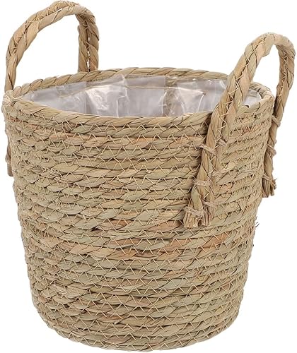 Yardwe Macetas para plantas con cuello de árbol, cesta tejida de paja con asa, cesta rústica de escritorio con forro para interiores y exteriores,