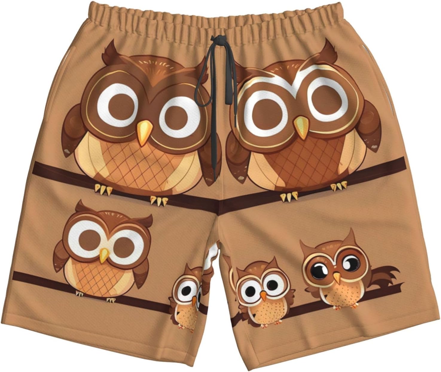 Cute Big Brown Cartoon Owls Print Men's Swim Trunks Quick Dry Beach Shorts with Pockets Lining Swimwear Bathing Shorts