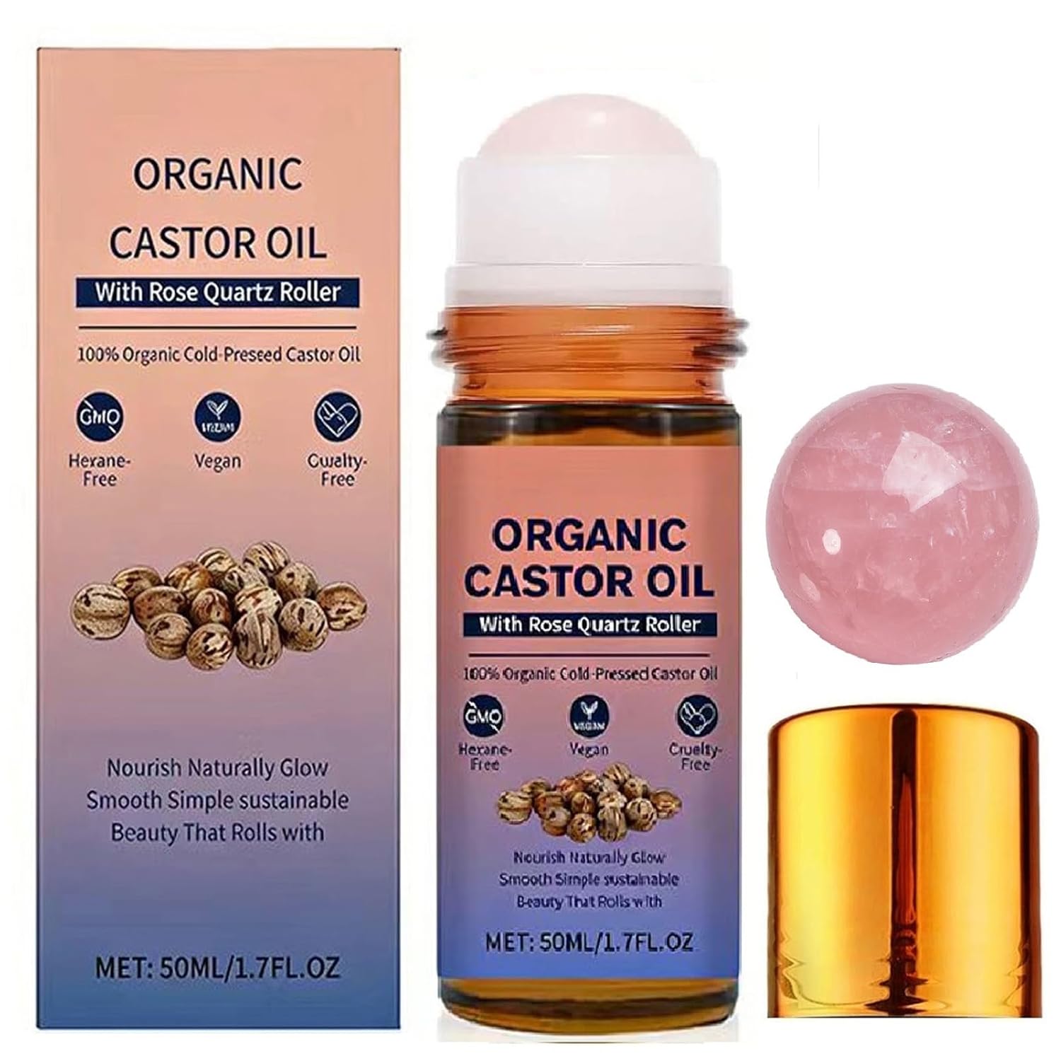 Organic Castor Oil with Rose Quartz Roller Ball,100% Castor Oil Organic Cold Pressed, Amber Glass Bottle, Hexane-Free, for Face and Body, Hair, Eyebrows, Moisturizer Skin.