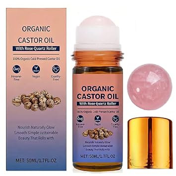 Organic Castor Oil Roll On with Rose Quartz Roller Ball, 100% Castor Oil Organic Cold Pressed, Hexane-Free Castor Oil Roll On for Face and Body, Hair, Eyebro and Massage 1.7 Fl Oz