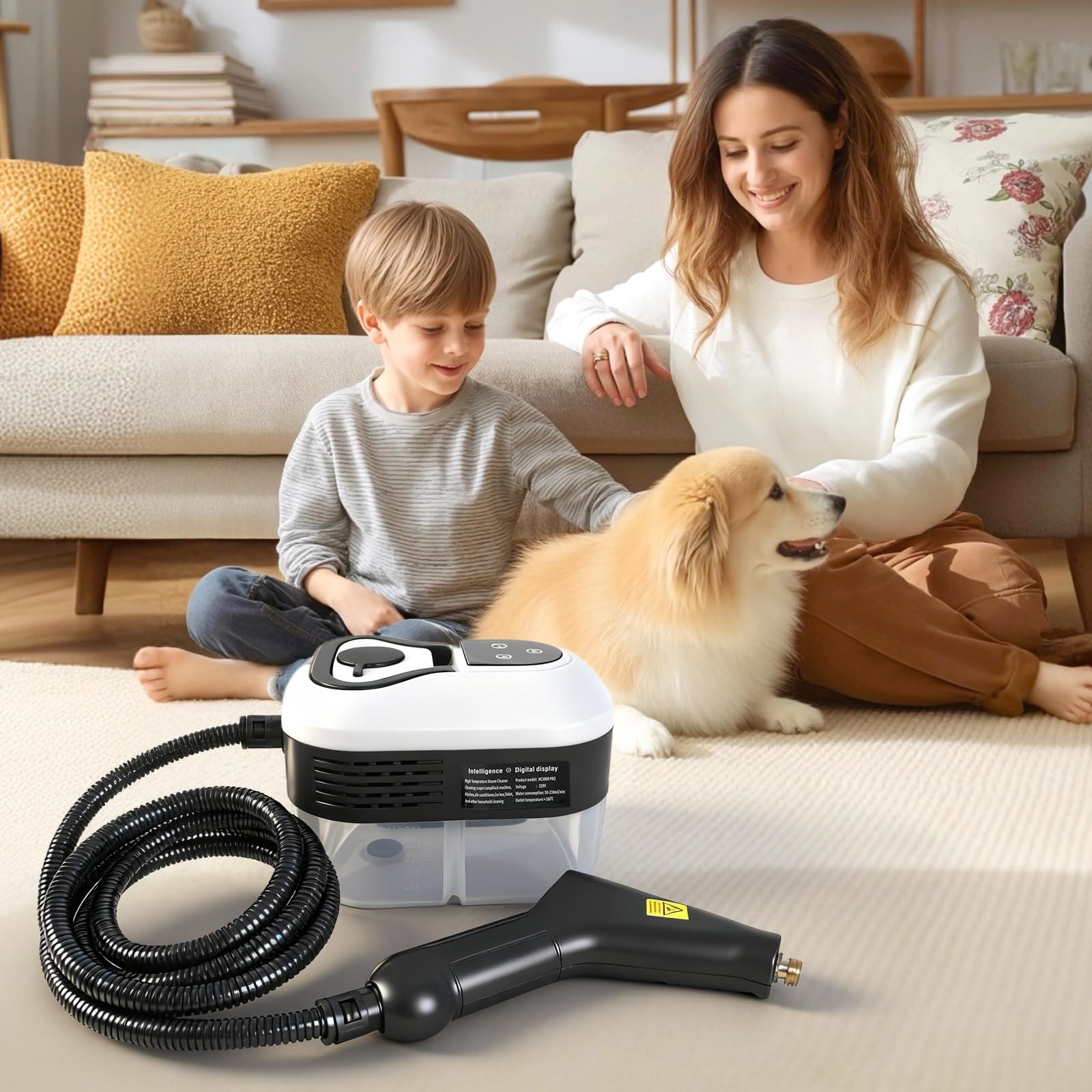 Pulitore a Vapore, Pulitore a Vapore Portatile Multiuso da 2500W con 6 Velocità Regolabili, Serbatoio 1200 ml, Steam Cleaner per Grasso Cucina, Piastrelle Bagno, Vetri, Divani auto (Bianco e nero)