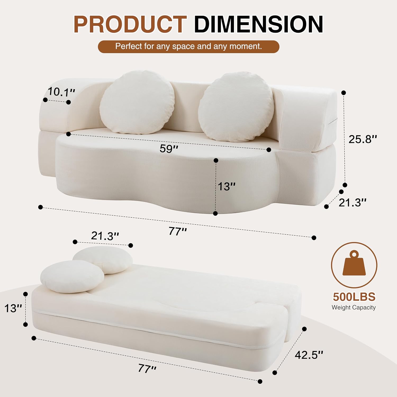 Shintenchi 77" Convertible Folding Sofa Bed with 2 Pillows, Full Size Sleeper Boneless Futon Sofa, Loveseat Floor Couch Memory Foam, 2-in-1 Foldable Guest Bed for Living Room Bedroom,No Assembly,White