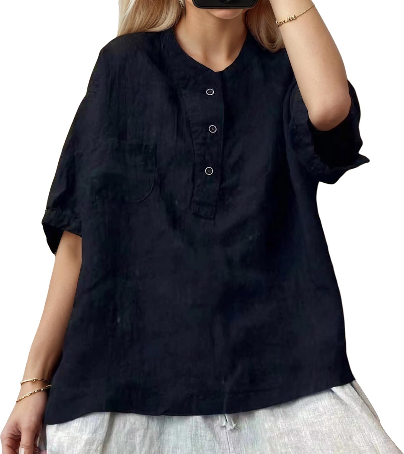 Women’s Casual Spring Summer Tops Button Front Short Sleeve Crewneck Casual Loose Cotton Linen Shirt Blouse