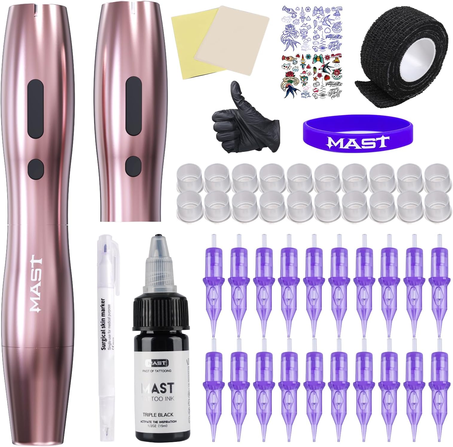 Mast Tattoo Kit Cordless Rotary Tattoo Machine gun Kit complete for beginners 2Pcs Changeable Battery Power Supply 20Pcs Tattoo Cartridge Needles