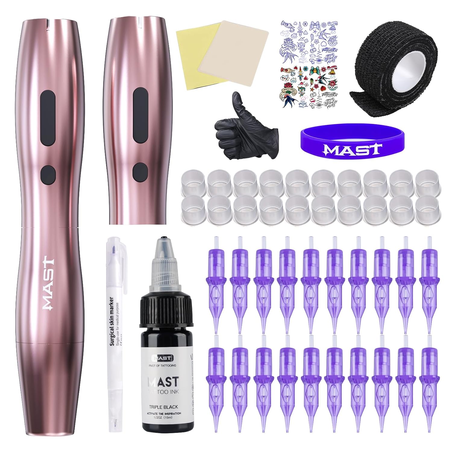 Mast Tattoo Kit Cordless Rotary Tattoo Machine gun Kit complete for beginners 2Pcs Changeable Battery Power Supply 20Pcs Tattoo Cartridge Needles