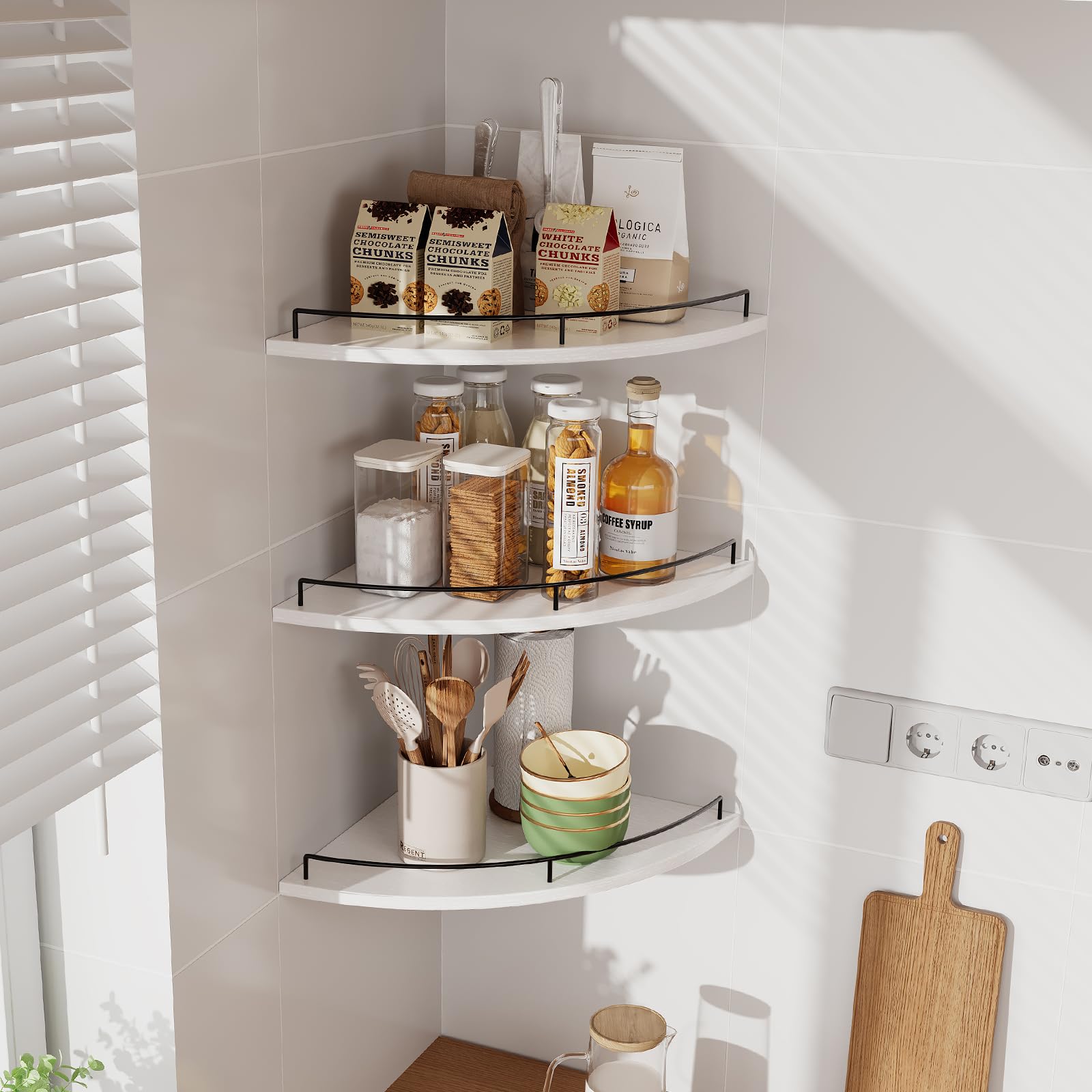 JJL Eckregal zur Wandmontage, 30 cm, 3-stöckiges schwebendes Eckregal, fächerförmig, rustikales Holzdekor mit Zaun, weiße schwebende Regale für Wohnung, Schlafzimmer, Küche, Badezimmer