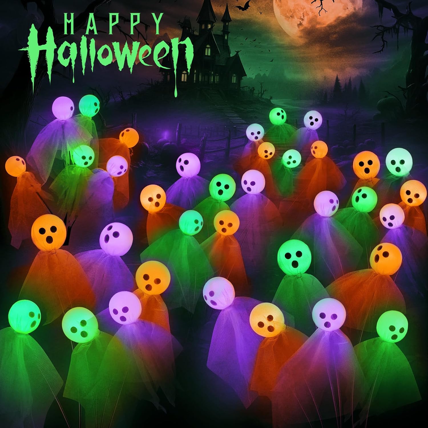 VIHOSE 6 Packs Halloween Solar Lights Outdoor 36 LED Solar Ghost Pathway Lights Waterproof Spooky Ghost Path Light Outdoor Halloween Decorations for Outside Garden Lawn Yard Decors (Green)