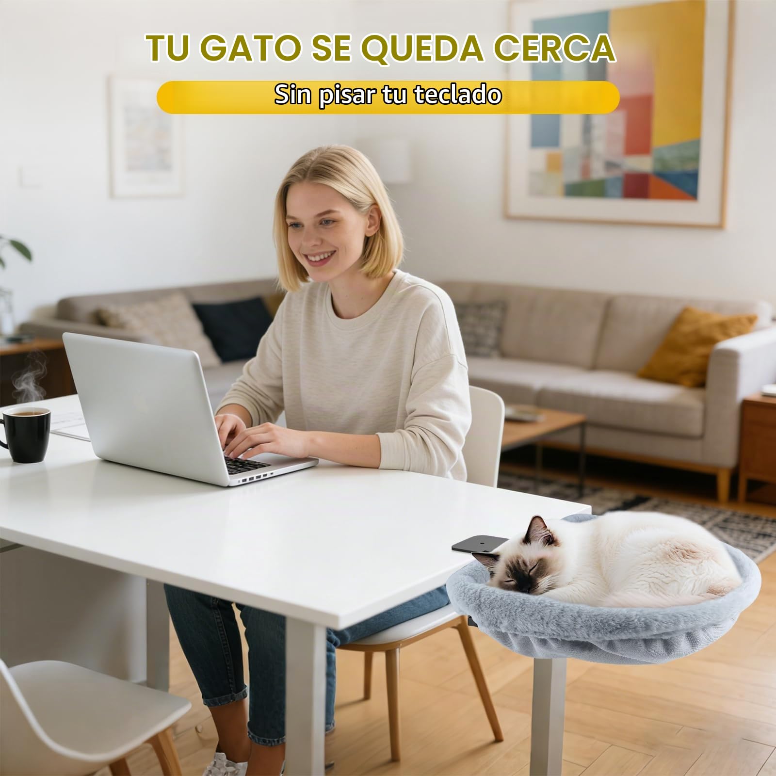 Cama de Escritorio para Gato Semicircular Plegable Hamaca Gris | Suave Pelo Sintético de Conejo, Ahorra Espacio, Extraíble Lavable a Máquina, Para Tableros 2-8cm de Grosor, Soporta 15kg