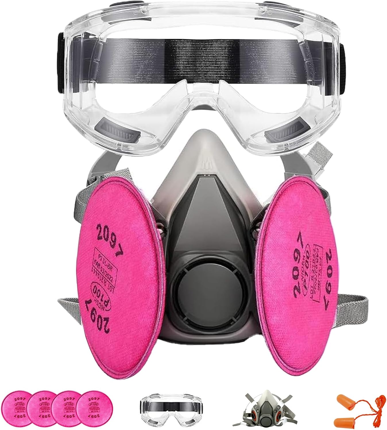 Half Face Reusable Respirator Gas Mask with 2091 Filters, Industrial Safety Goggles, and Earplugs – Ideal for Painting, Woodworking, Construction, Sanding, and More