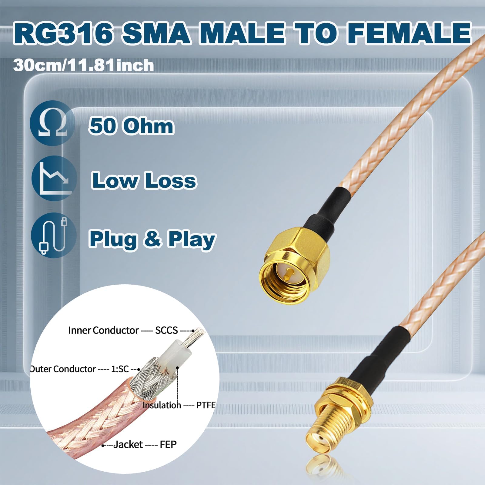 Bingfu Cavo SMA Prolunga Antenna 4G 5G 30cm Maschio Femmina Montaggio Paratia RG316 Coassiale 2 Pezzi